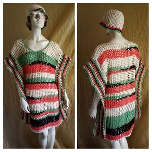 Crochet Striped Open-Weave Poncho — Coral, Mint & White